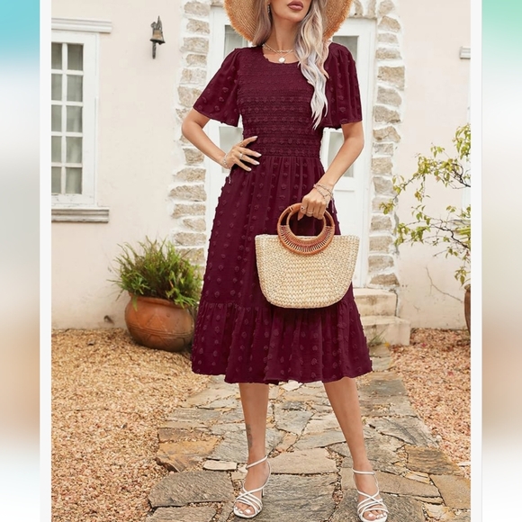 BiBi Swiss Dot Flounce Sleeve Smocked Tiered Midi Dress